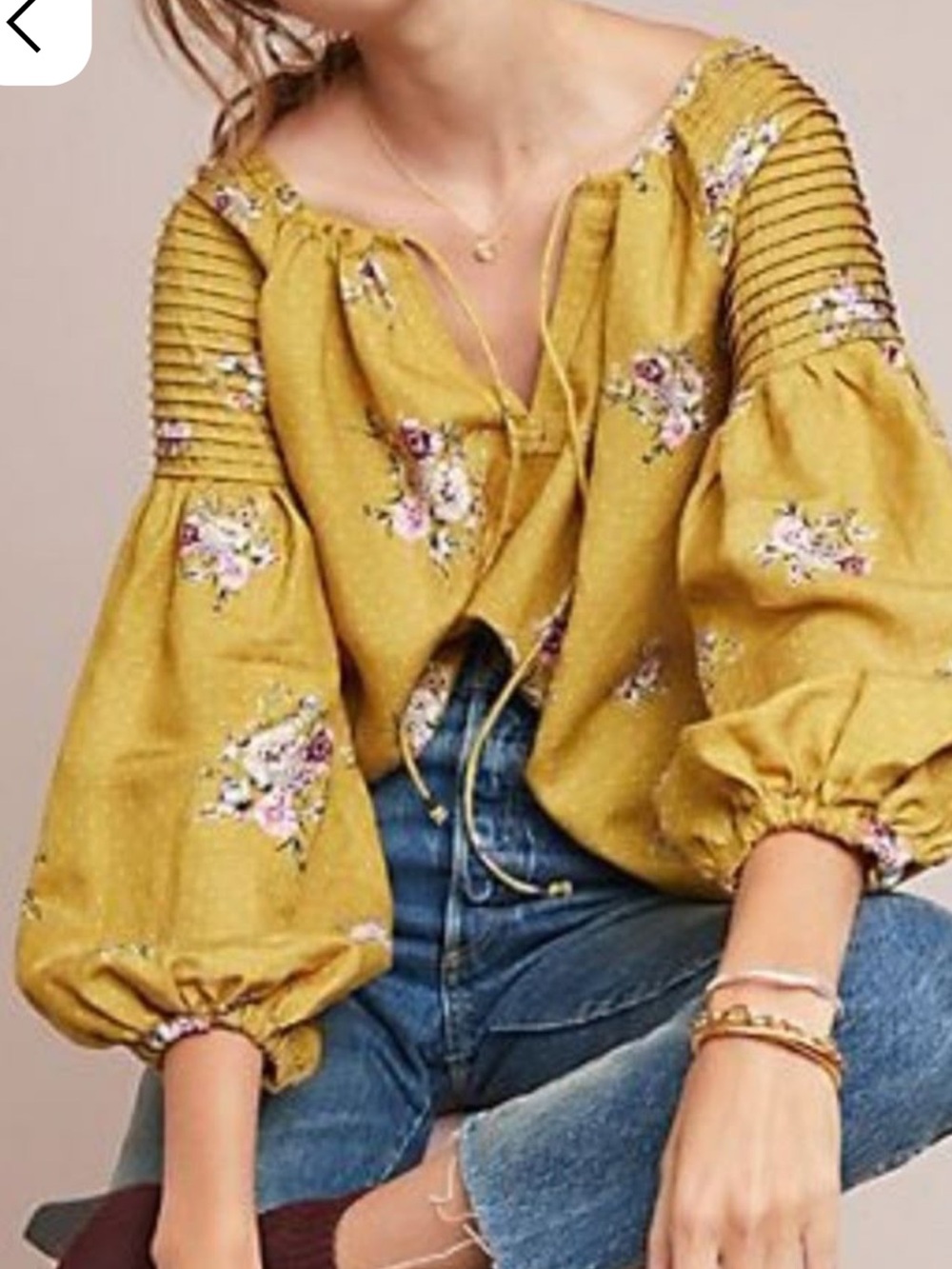 Steele. Anthropology Mustard Yellow Floral Linen  3/4 Sleeve Blouse Size:XS